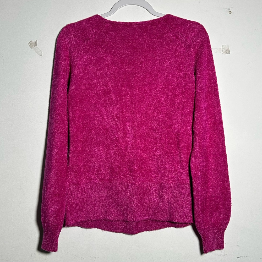 Worthington Fuchsia Scoop Neck Fuzzy Pink Shimmer Sweater Small Blouson Sleeve - Picture 10 of 13